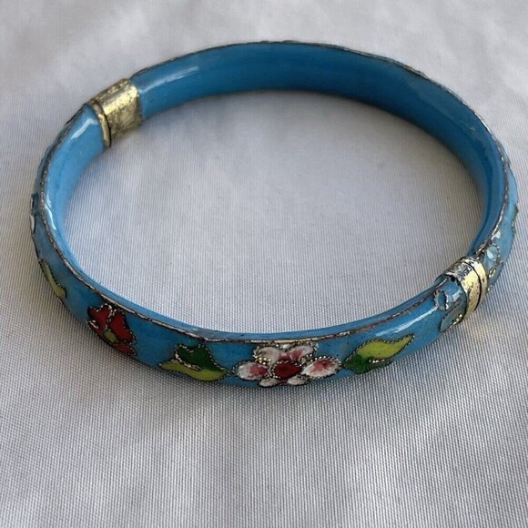 Vintage Cloisonne Women’s bangle Bracelet Light Blue Turquoise color floral 7.5” - Picture 4 of 14